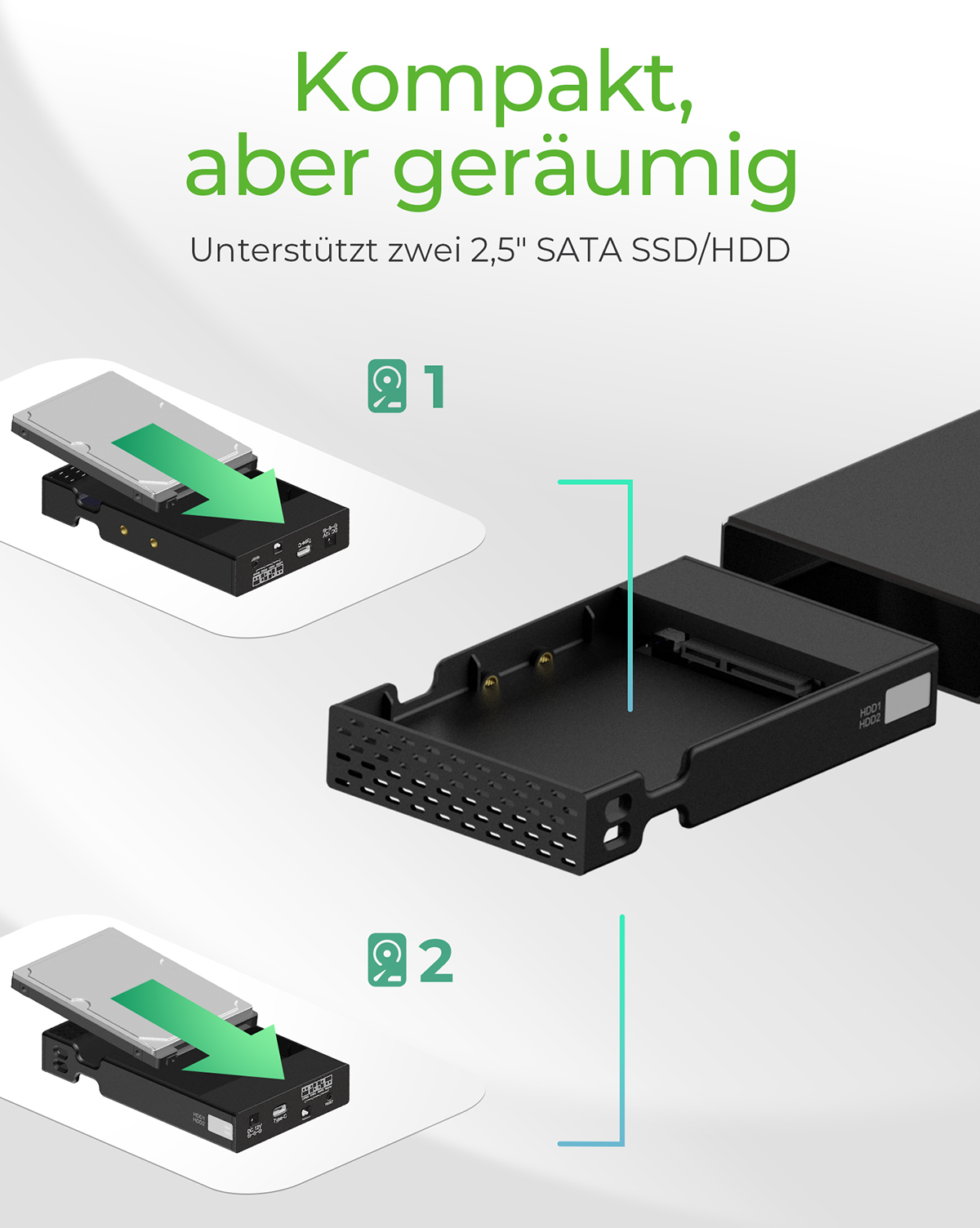 RAID Gehäuse für 2x HDD/SSD USB 3.2 Gen 2 Type-C® / Type-A Anschluss