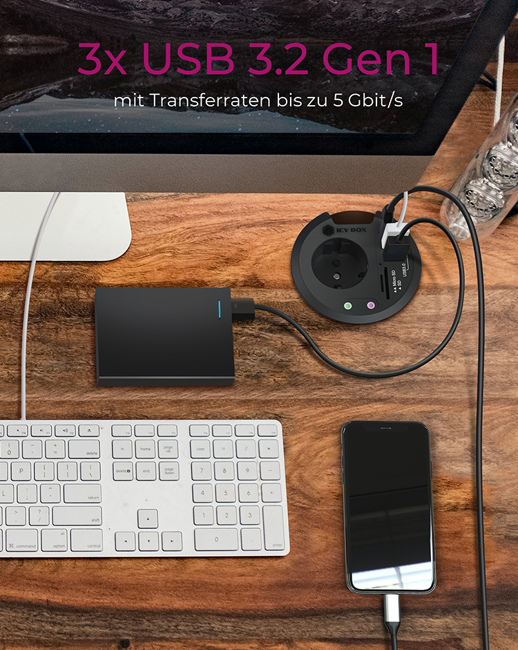 Multiport Tisch-Hub mit 2x USB 3.2 Gen 1 Type-A & 1x Type-C® und Kartenleser