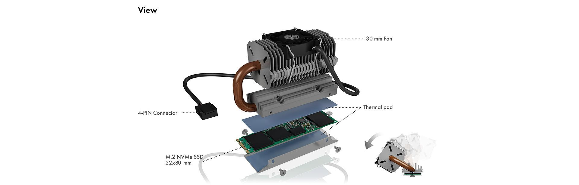 Heat pipe heat sink for M.2 SSD with 30 mm fan and swivelling heatpipe