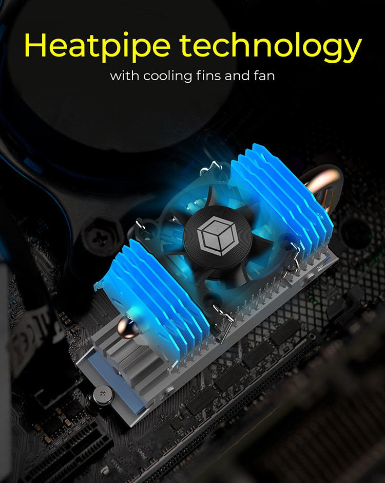 Heatpipe koeler voor M.2 NVMe SSD met PWM-ventilator - Geluidsarm en Efficiënte Koeling Heatpipe koeler voor M.2 NVMe SSD met PWM-ventilator - Geluidsarm en Efficiënte Koeling